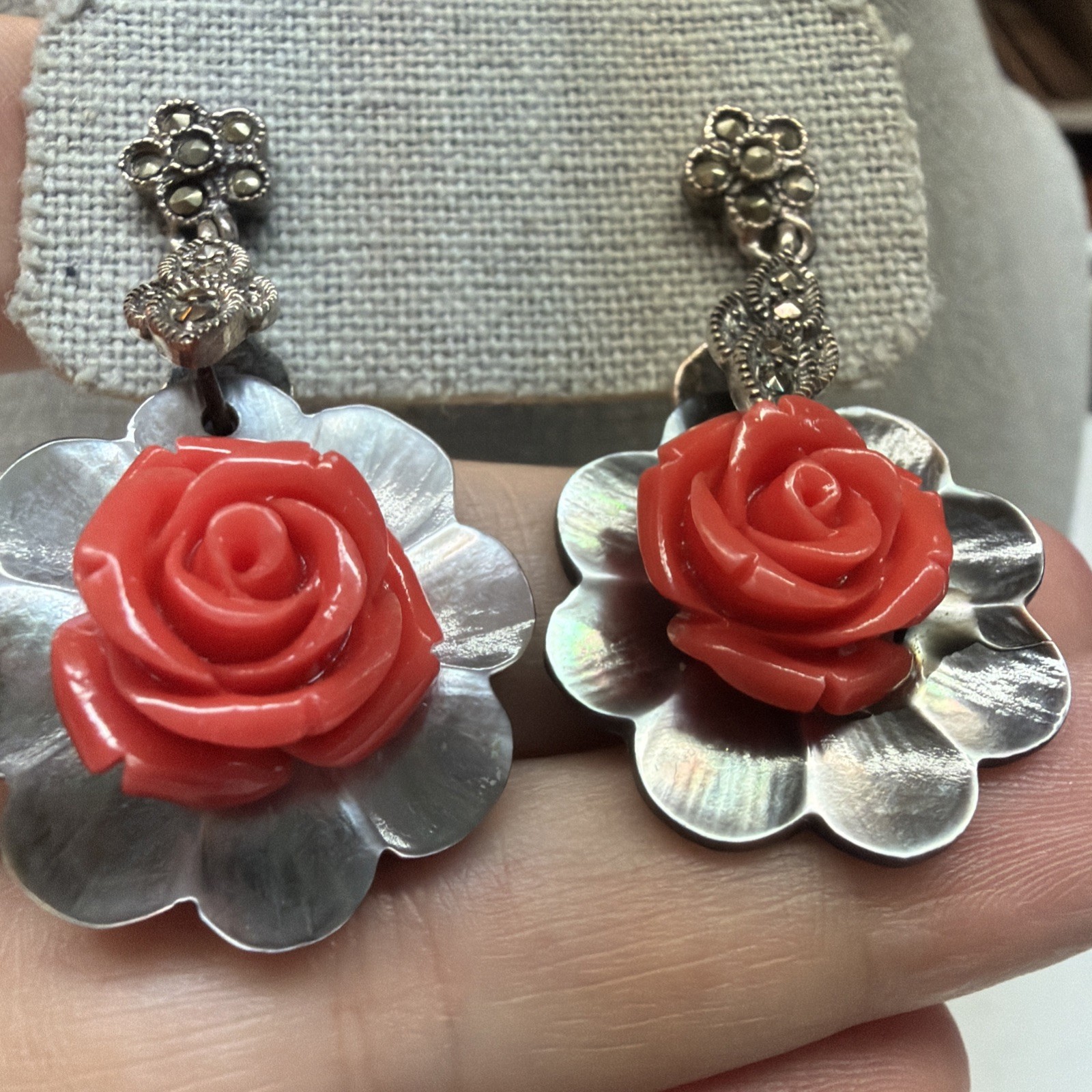 Sterling Silver Marcasite Carved Mother of Pearl Coral Rose Dangle Earrings