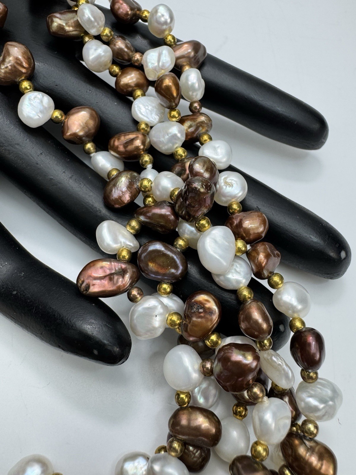 Stunning Freshwater Pearl Necklace White & Chocolate Baroque Rose Quartz Clasp