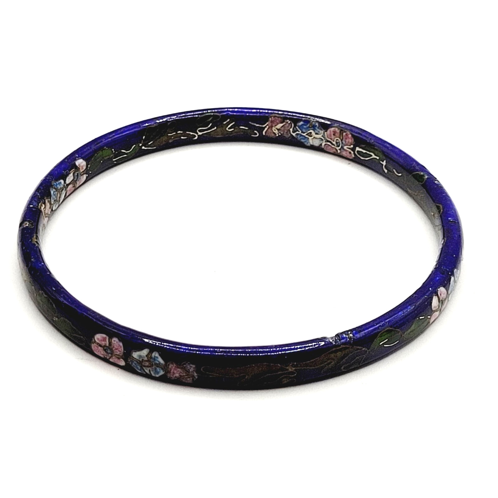 Cloisonné Asian Inspired Dark Cobalt Blue Floral Hand Painted Bangle Bracelet