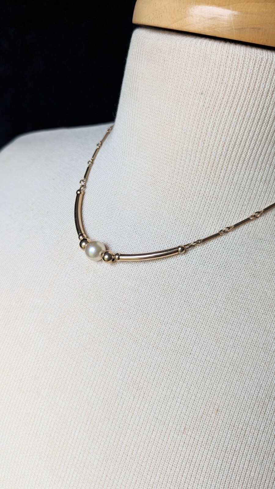 Sarah Coventry Gold Tone Station Bar Round Faux Pearl Bead 16″ Link Necklace