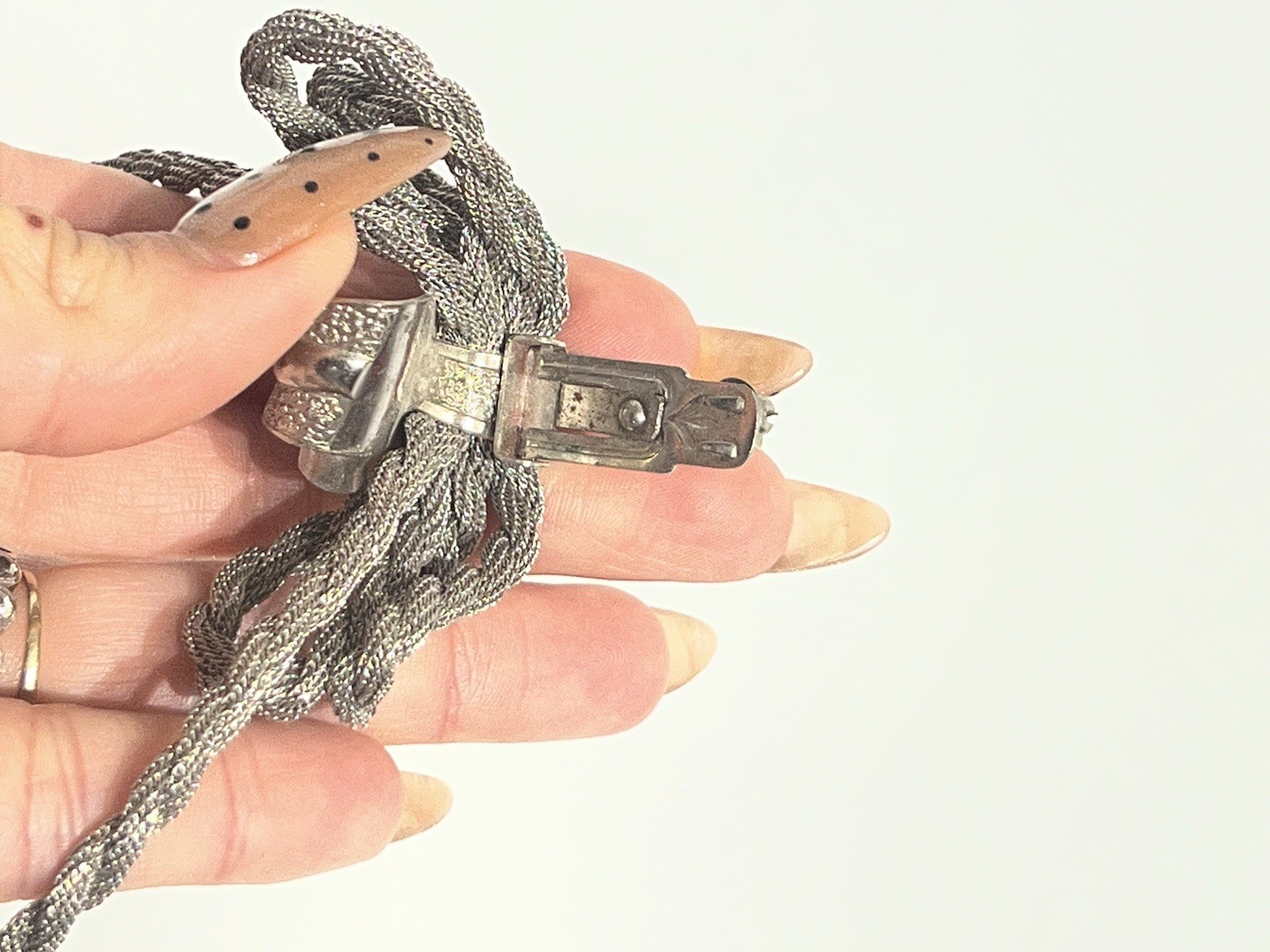 Vintage Silver Tone Woven Mesh Ribbon Bow Brooch Pin Dangle Tassel Retro 1970s