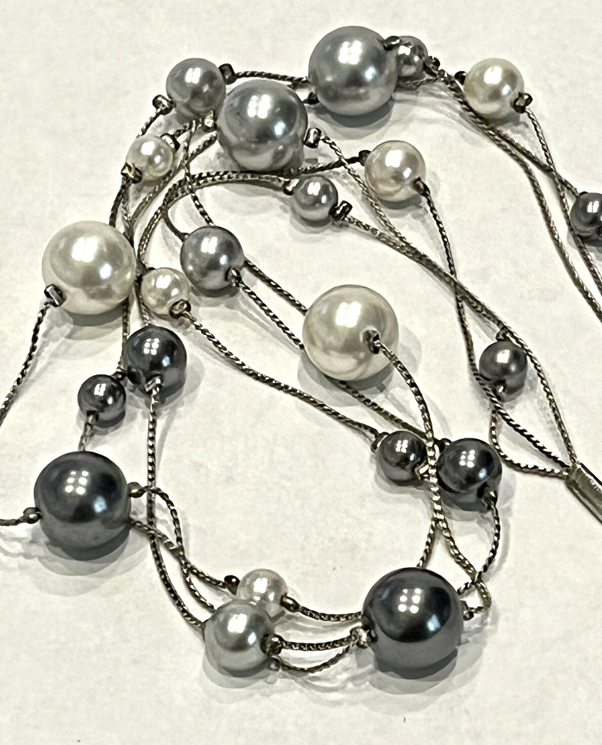 RMN Silver Tone Faux Pearl And Gray Beaded Three Strand Necklace 20 in.