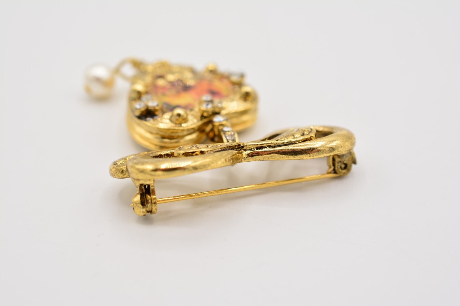 Vintage Heart Locket Pin Brooch Dangle Bow Enamel Cherub Angel Gold 1980s BinA12