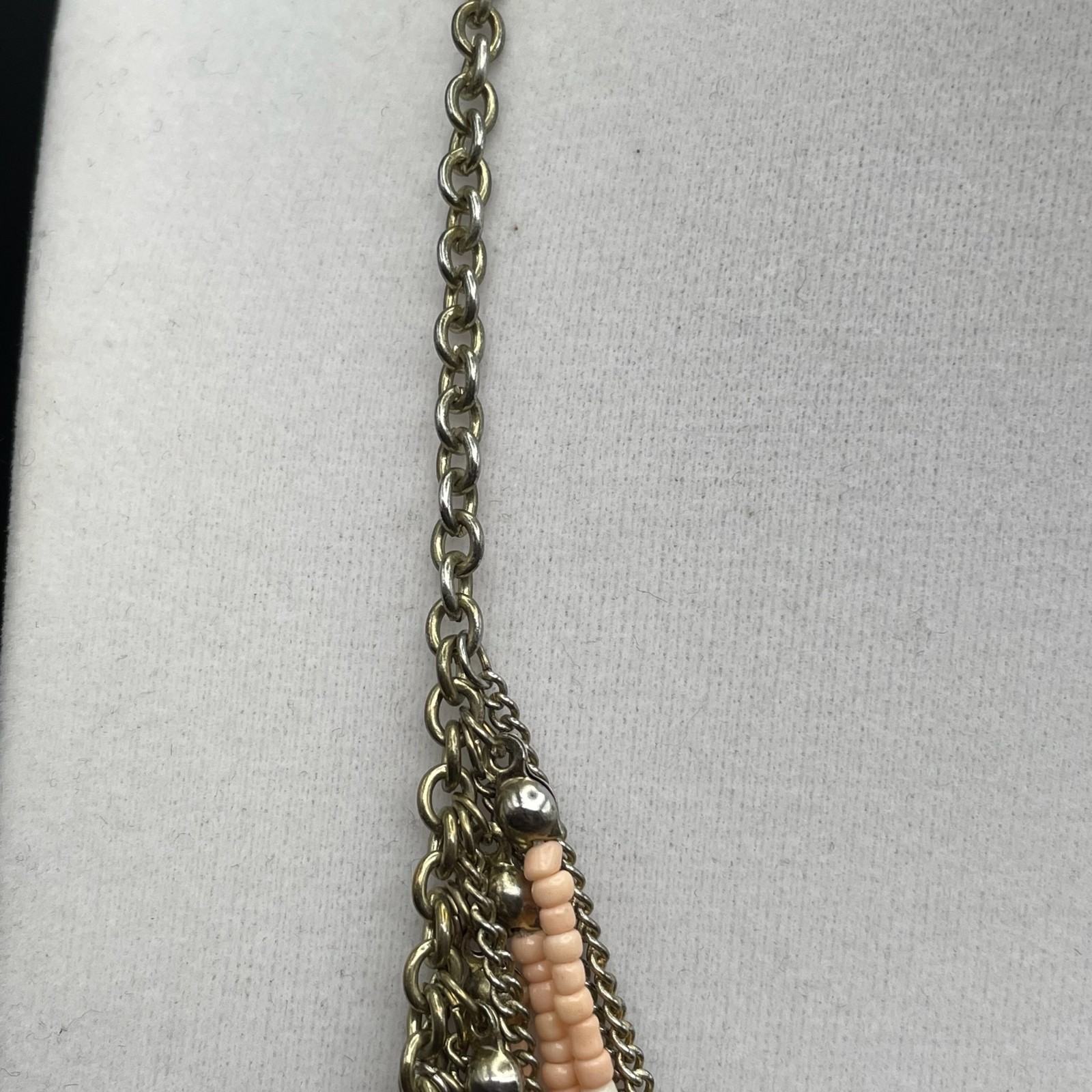 Vintage VTG Multistrand Collar Necklace Peach Seed Beads Brass Chain Aluminum