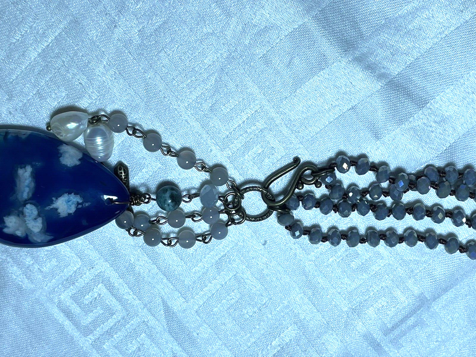 Faceted Violet Blue CHALCEDONY 35″ necklace with blue stone Pendant and pearls