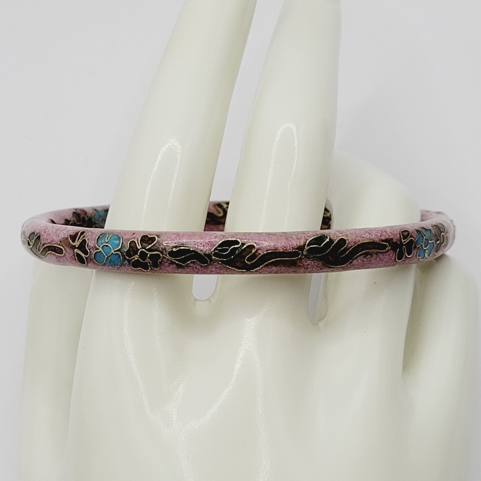 Cloisonné Asian Inspired Rose Mauve Color Floral Hand Painted Bangle Bracelet