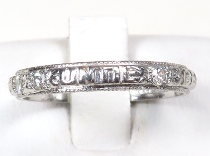 Rare Antique Platinum Diamond Vow Ring “Until Death Do Us Part” Size 5.5 UK-K1/2