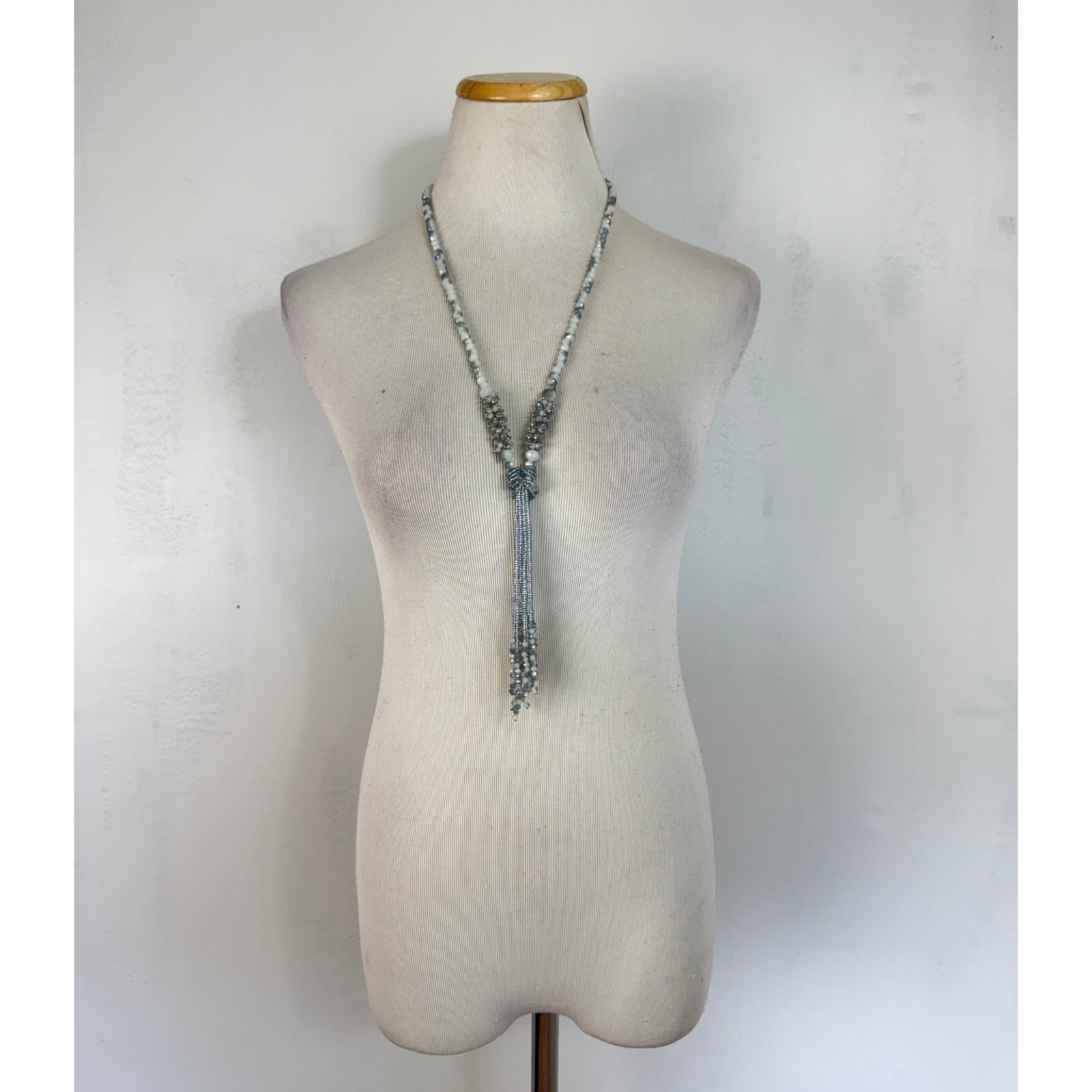 Vintage AB Faceted Crystals Necklace 90s Beaded Tassel Flapper White/Blue-Gray