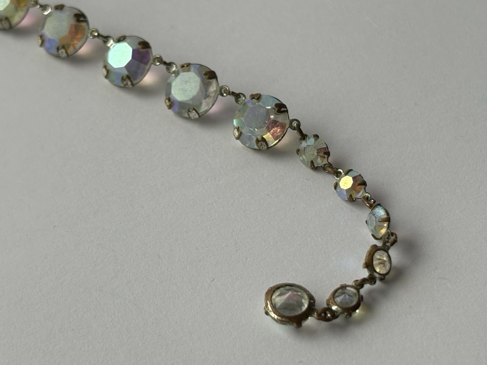 Antique Art Deco Clear Aurora Borealis Crystal Prong Set 15 1/2 inch Necklace