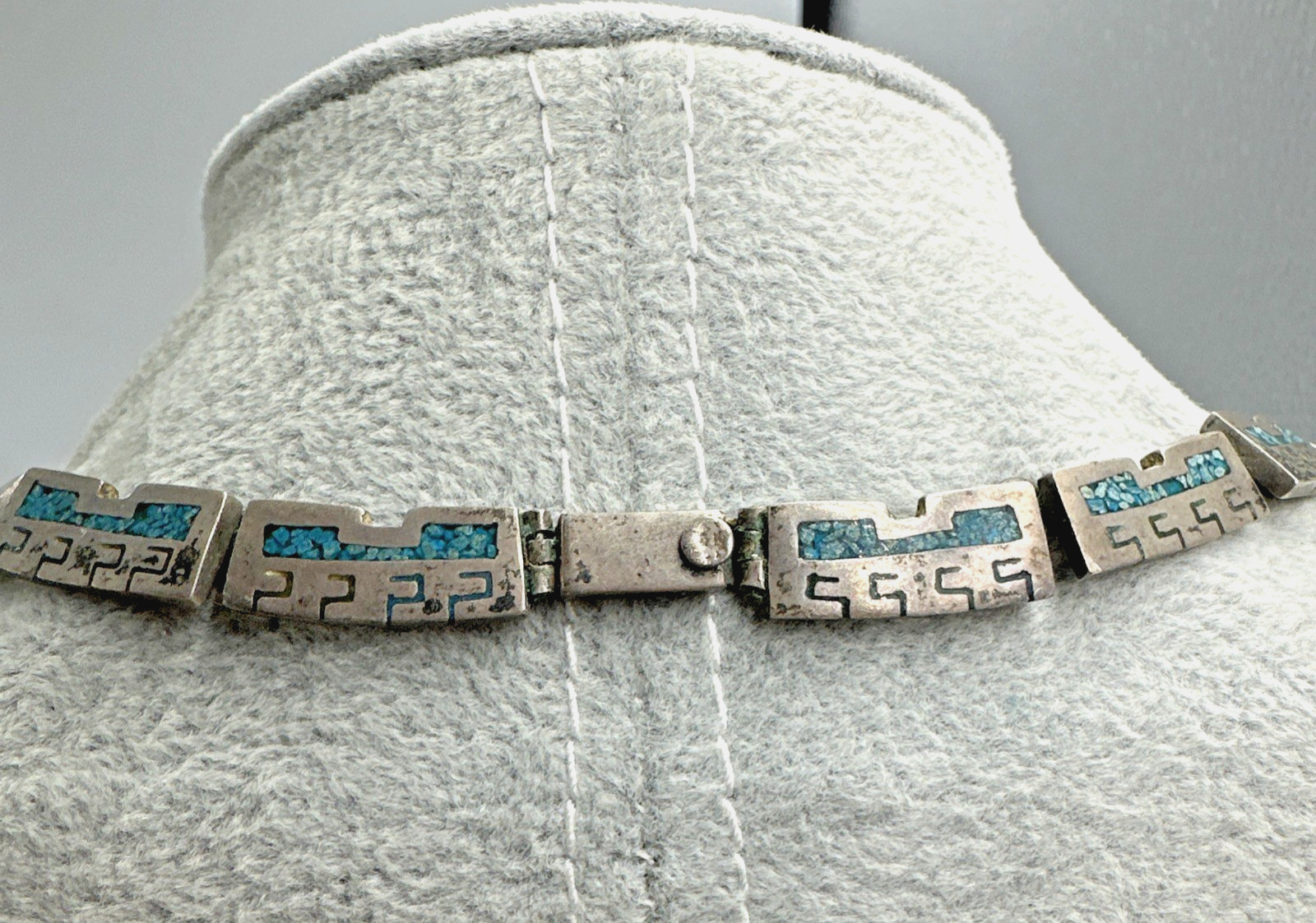 Vtg Taxco Sterling Turquoise Chip Inlay Panel Necklace 16.5″ 91.5g Signed PVB