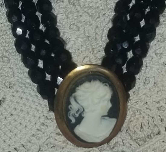 Cameo Necklace, Antique Jet Black Glass,3 Strand Choker, 16 1/2 inch, Gold Tone