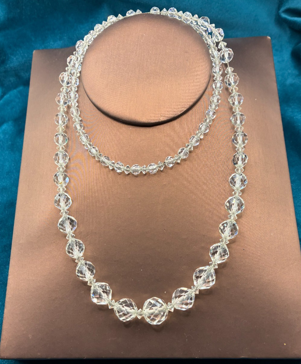 Vintage Beaded Necklace Faceted Graduated Crystal on Chain Long Circa 1920s 30″