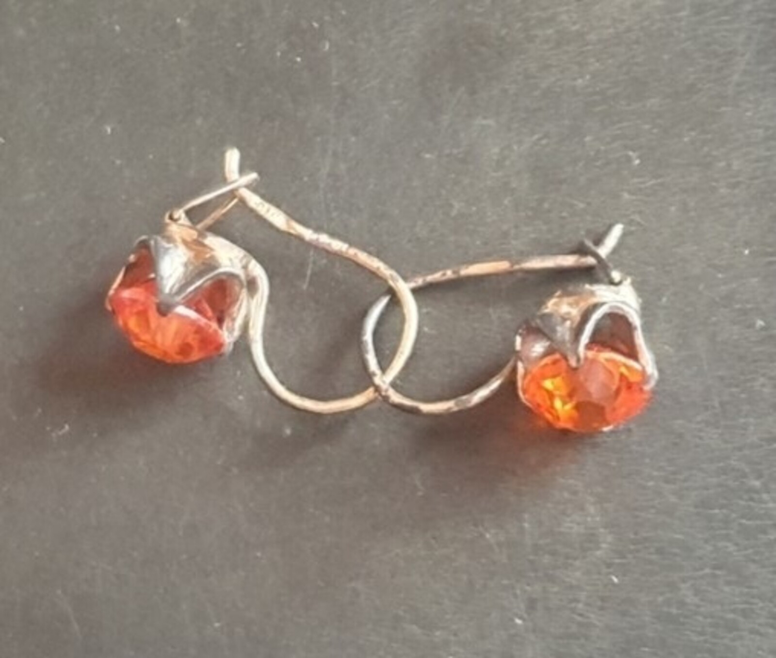 Vintage Earrings 875 ⭐ silver Soviet USSR Weight 2.6 g. Orange gem. Gilding.
