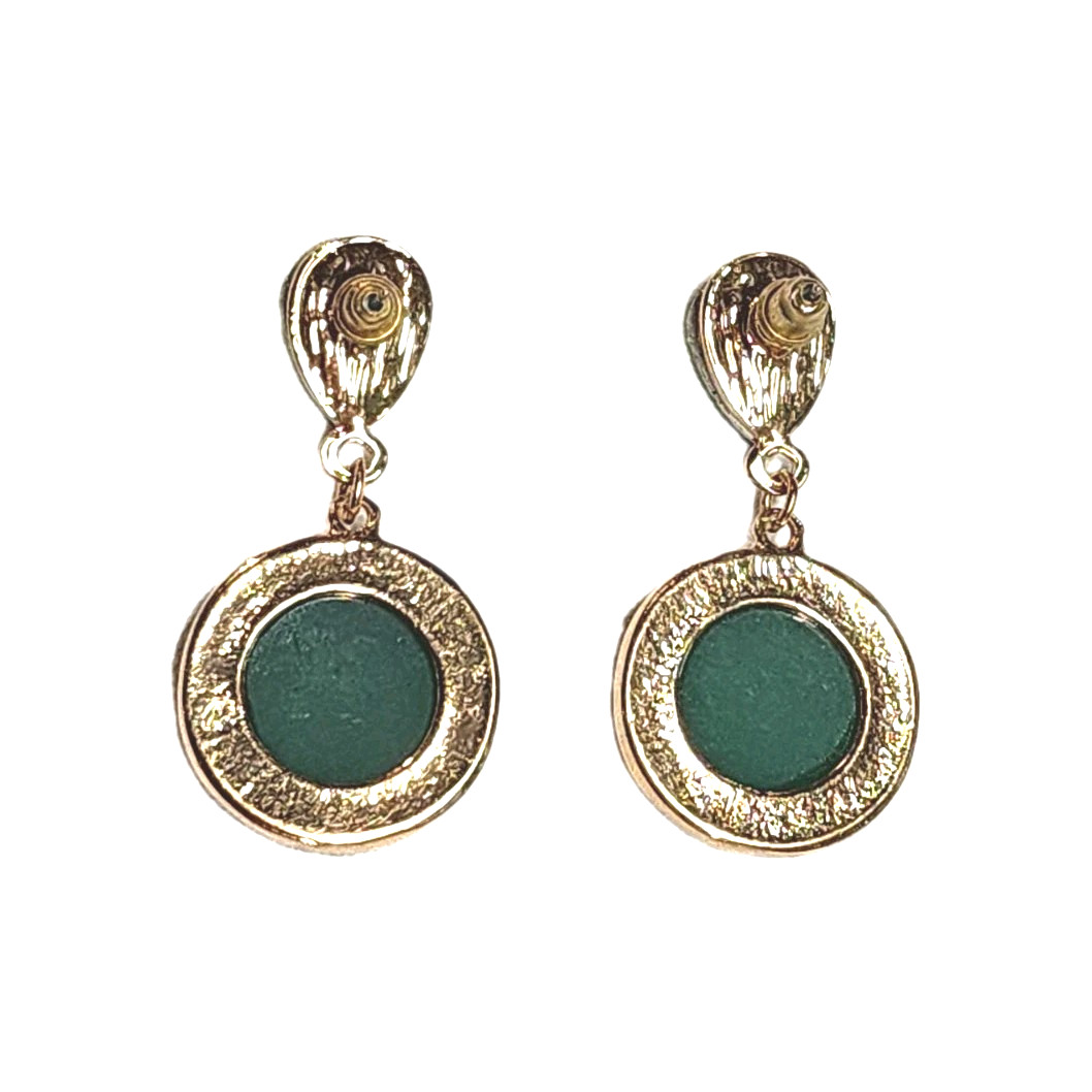 Vintage Green Faux Stone Rhinestone Gold Tone Dangle Earrings Teardrop Round GUC