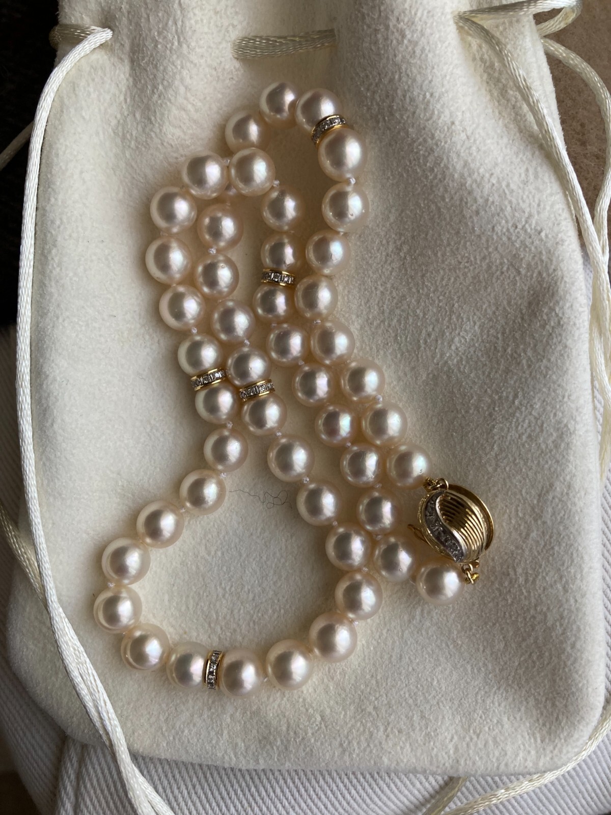 Vintage Diamond 14k Akoya Pearl Necklace 17.5”, 8-8.5mm