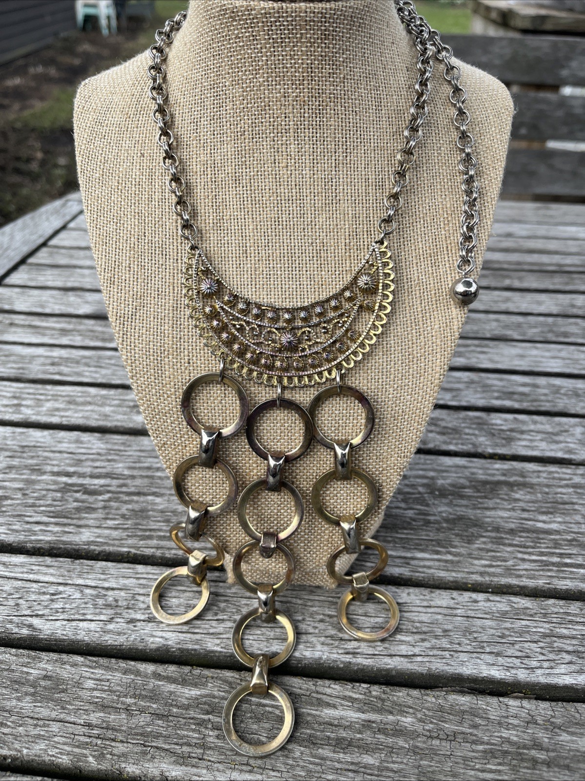 Vintage Metal Persian Style Chain Necklace Half Circle Pendant Dangle 1980s