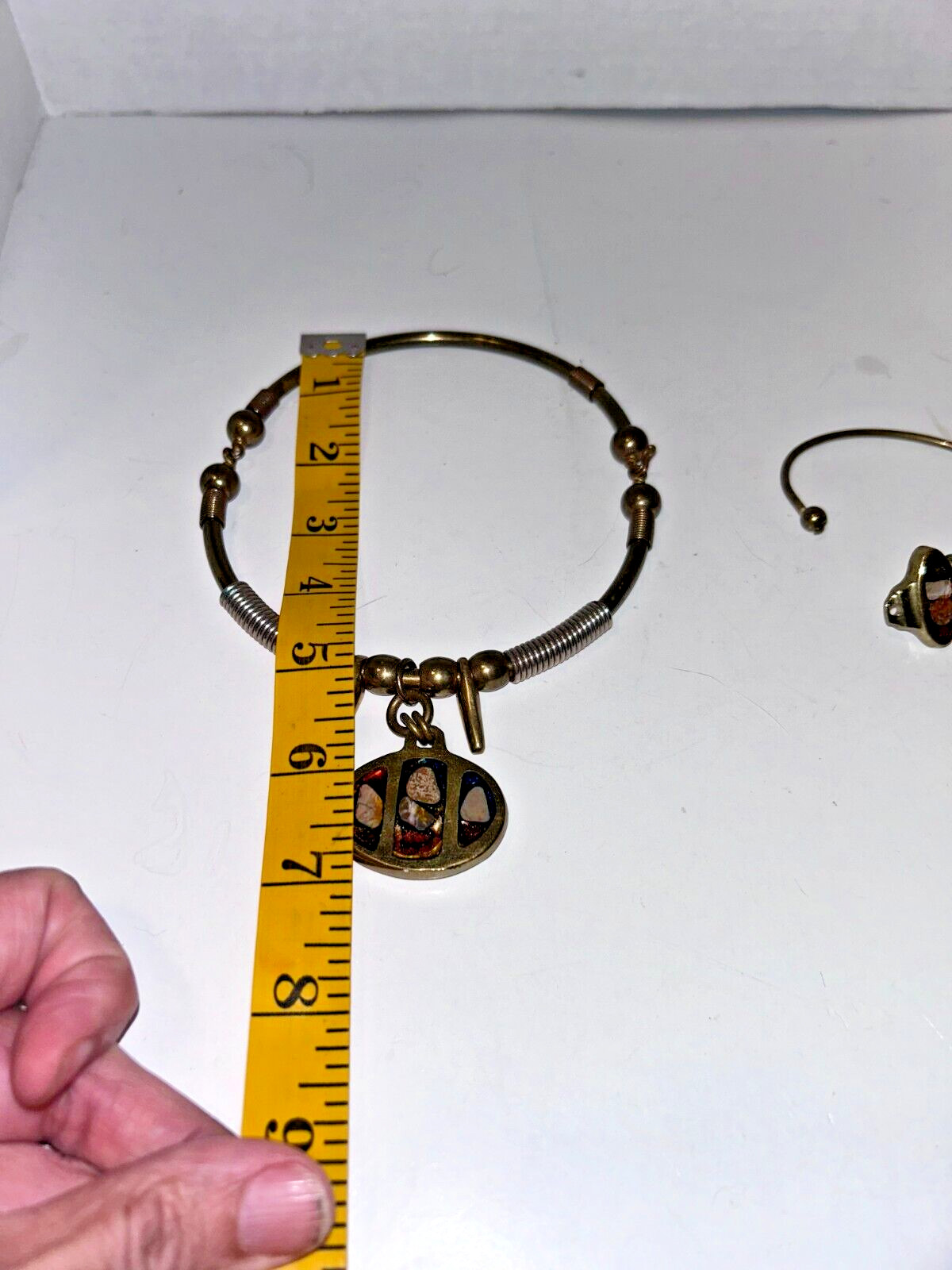 Vintage UNIQUE BRASS STONE INLAY ARTISAN NECKLACE CHOCKER & BRACELET HEAVY
