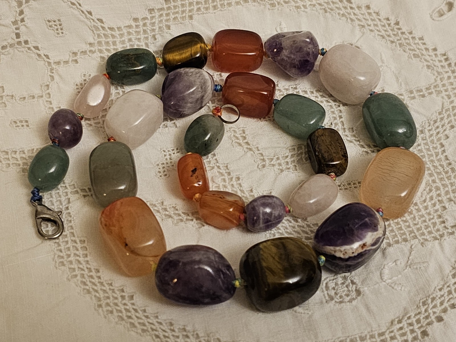 Vintage Natural Carnelian Agate Jade Aventurine Tiger’s Eye Bead Necklace