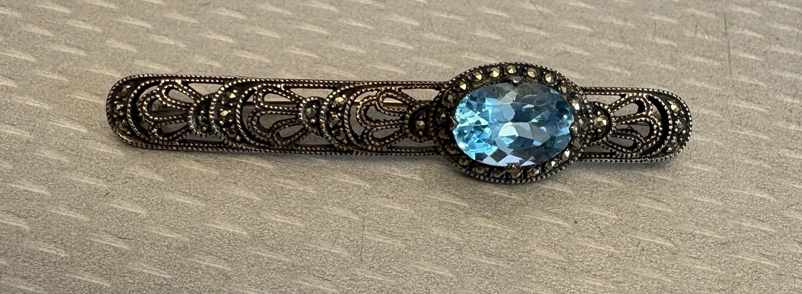 Judith Jack Sterling Silver Blue Topaz Marcasite Brooch Art Deco Revival Bar Pin