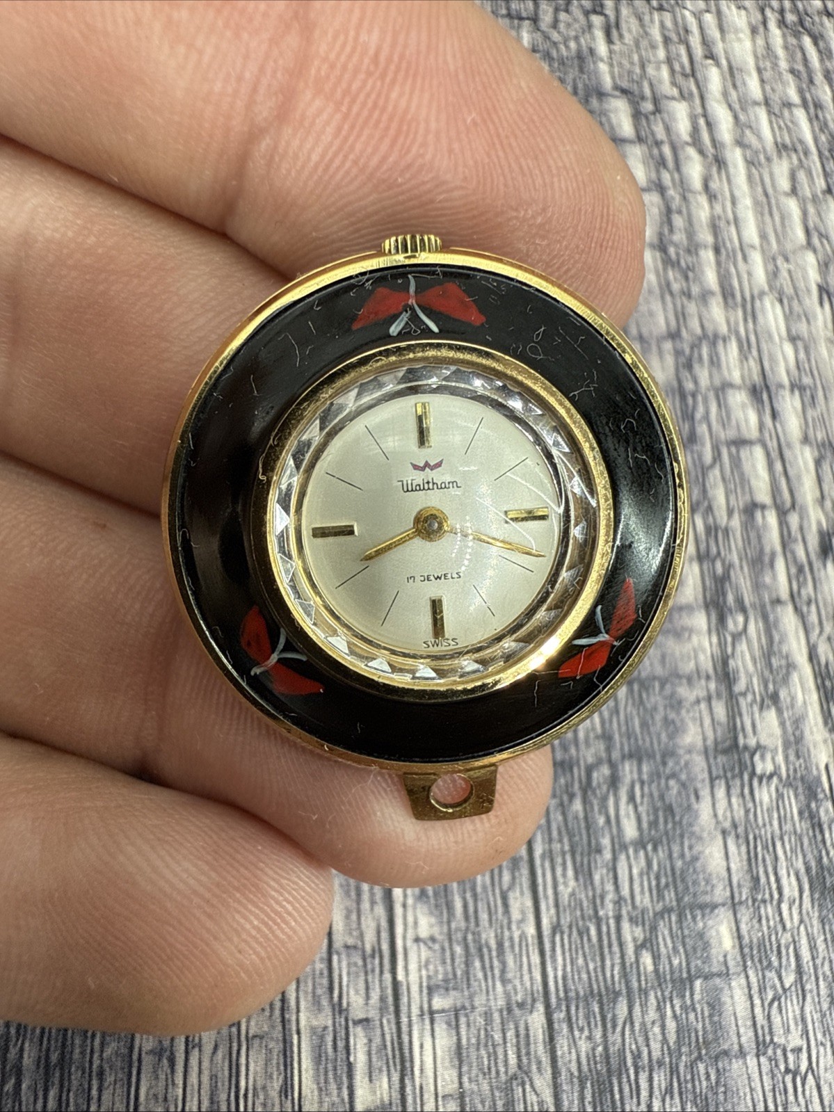 Waltham Vintage Ladies Hand Painted Butterfly Pendant Watch wind up Tested Works