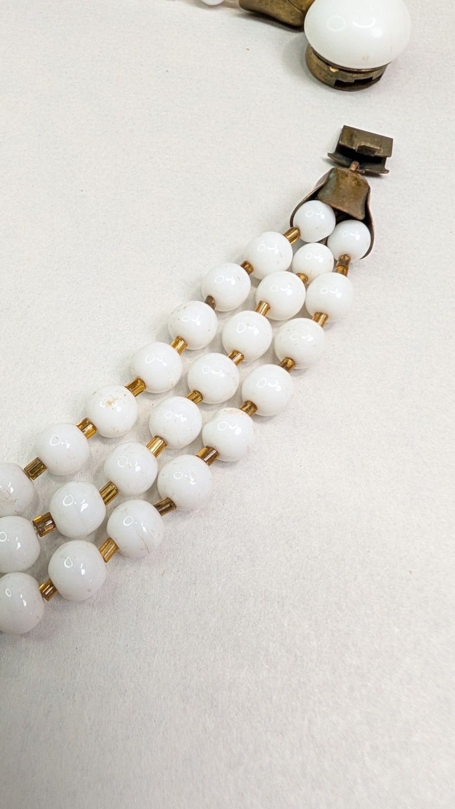 1950s Milk Glass Necklace Triple Strand With Brass Tulip Caps Glass Clasp 16.5in