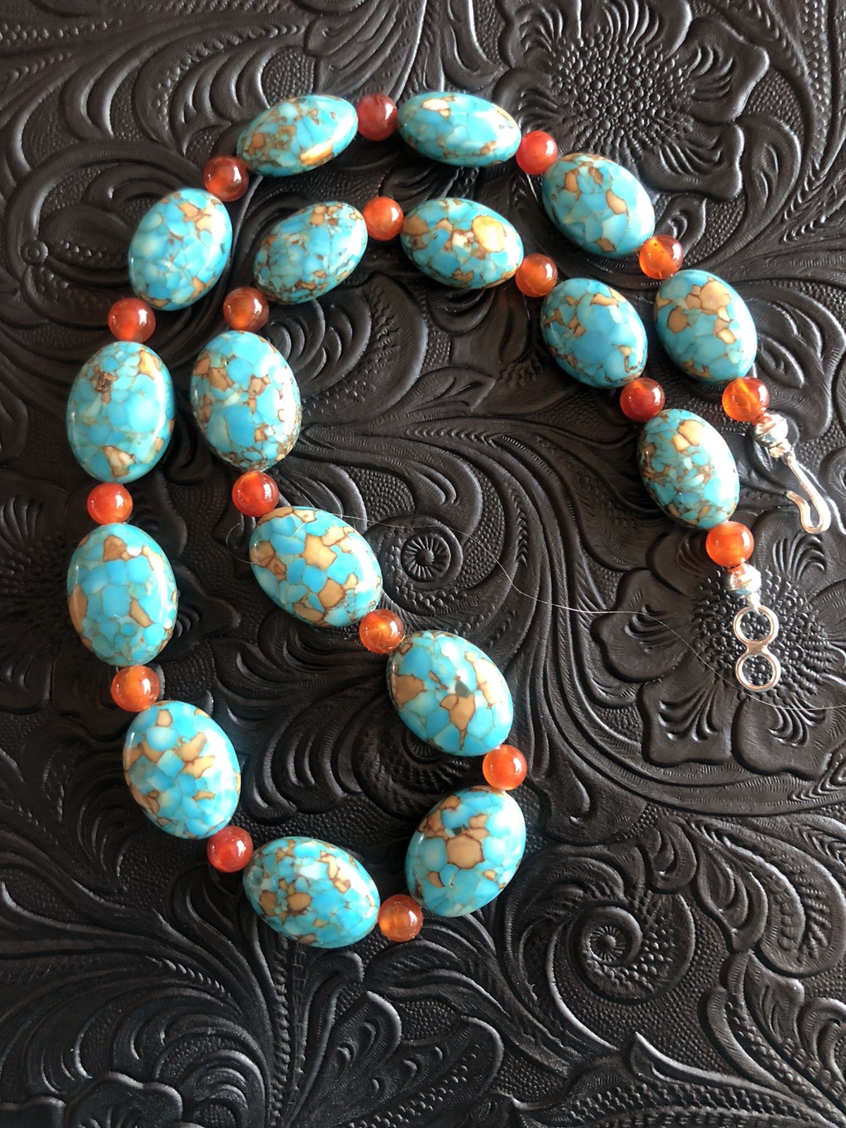 Mosaic Turquoise Beads, Natural Orange Agate Beads 18” Necklace, 925 Clasp