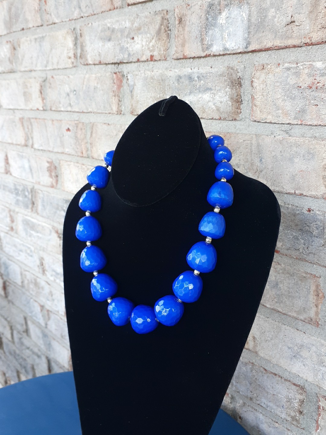 Vintage Statement Necklace Blue Beaded Chunky 18”
