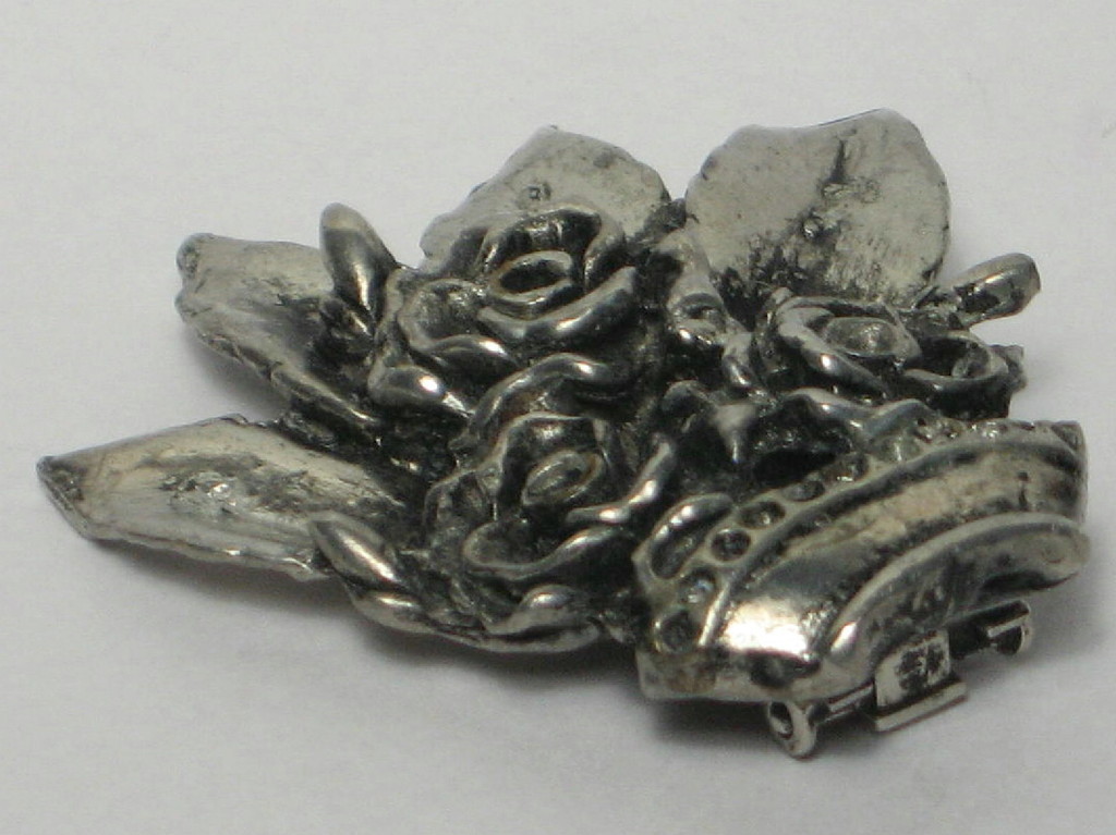 VINTAGE SILVER or PEWTER DRESS CLIP BROOCH FLOWERS IN VASE PLANTER