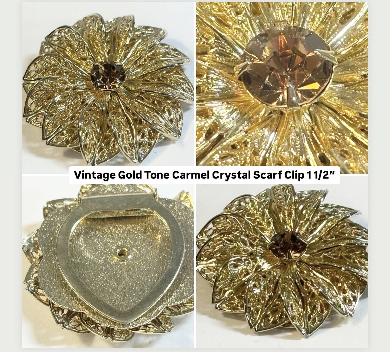 Vntage Gold Tone Crystal Center Flower Scarf Clip 39mm
