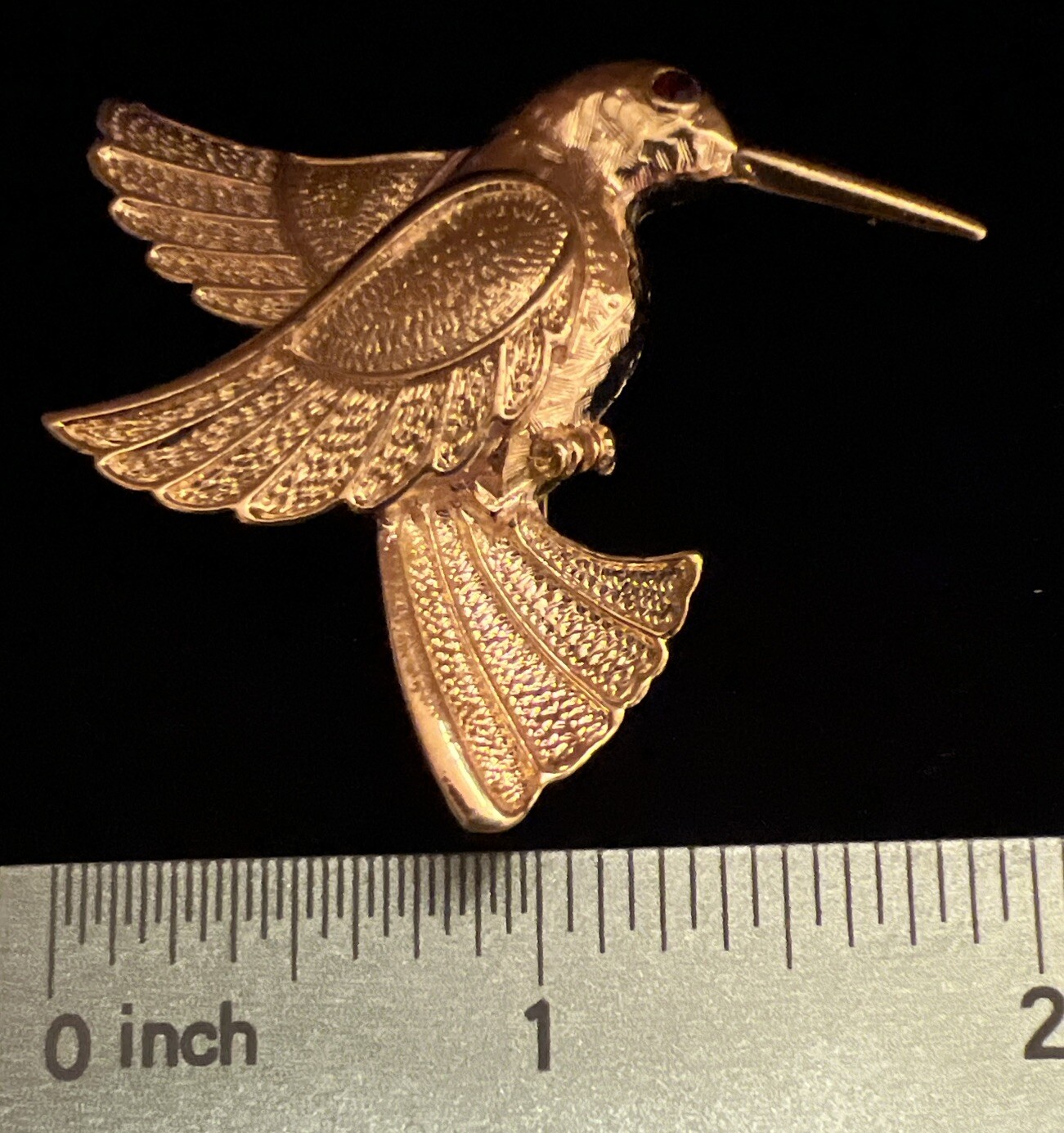 Vintage Hummingbird Brooch Gold tone Red Rhinestone Eye Approximately 2” L