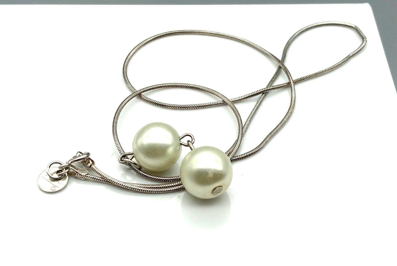 Vintage Double Pearl Drop Pendant on Gwen Stefani Sterling Silver Chain Necklace