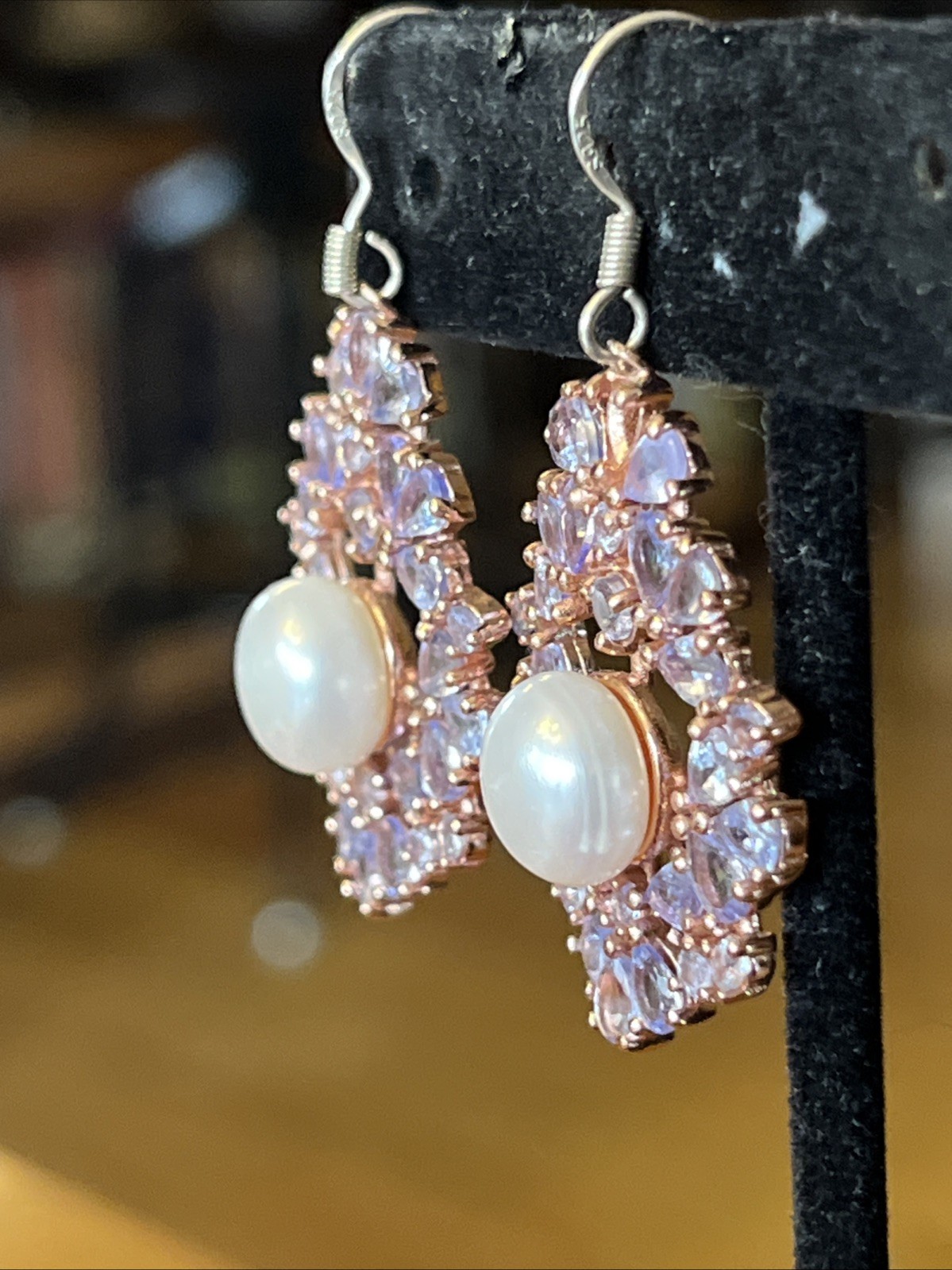 Vintage Tanzanite Real Pearl Dangle Drop Earrings 925 Wire Pierced 1.75” Classic