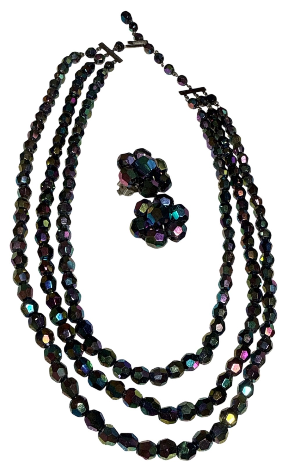 Vintage Carnival Glass Bead Necklace Three Strand Made in W. Germany 15″-17″ EUC