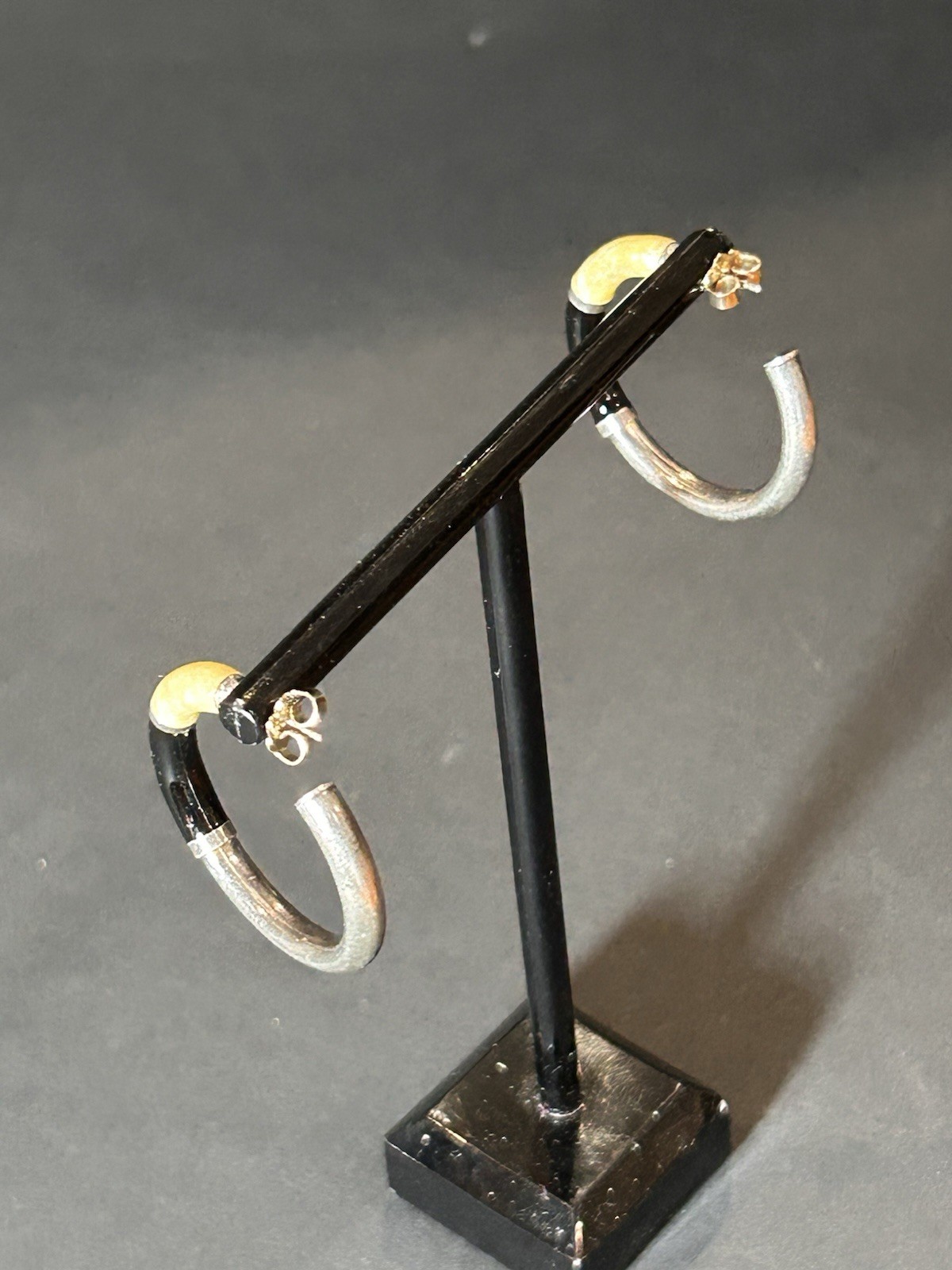 Vintage Silver Tone With White And Black Enamel Hoop Earrings