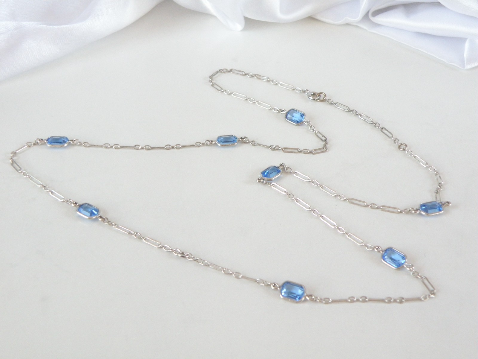 Antique Sterling Silver 925 Blue Gemstone Station Vintage Paperclip Necklace 25″