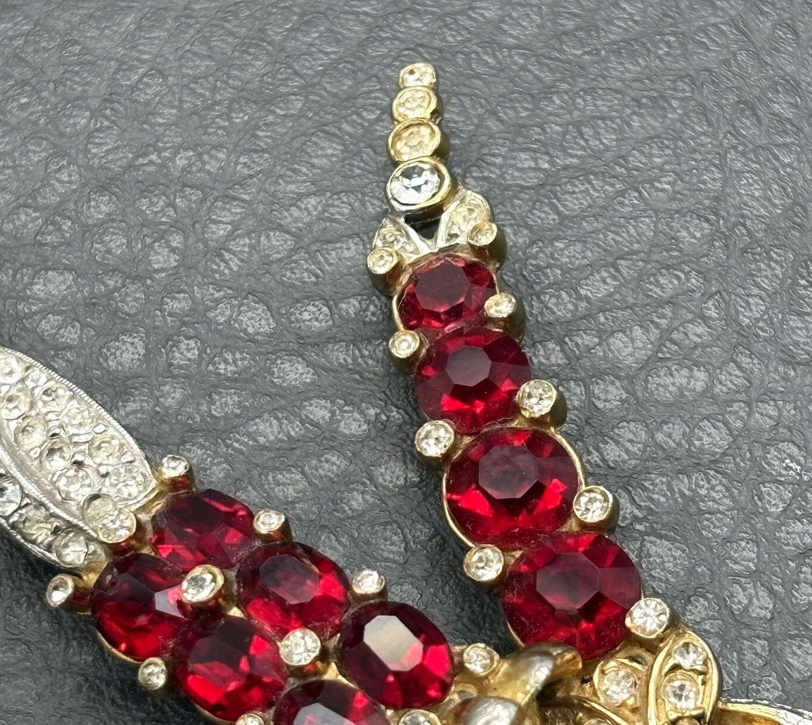 HUGE 4.5” Figural Red Rhinestone Gold Plated Pot Metal Flower Bouquet Brooch