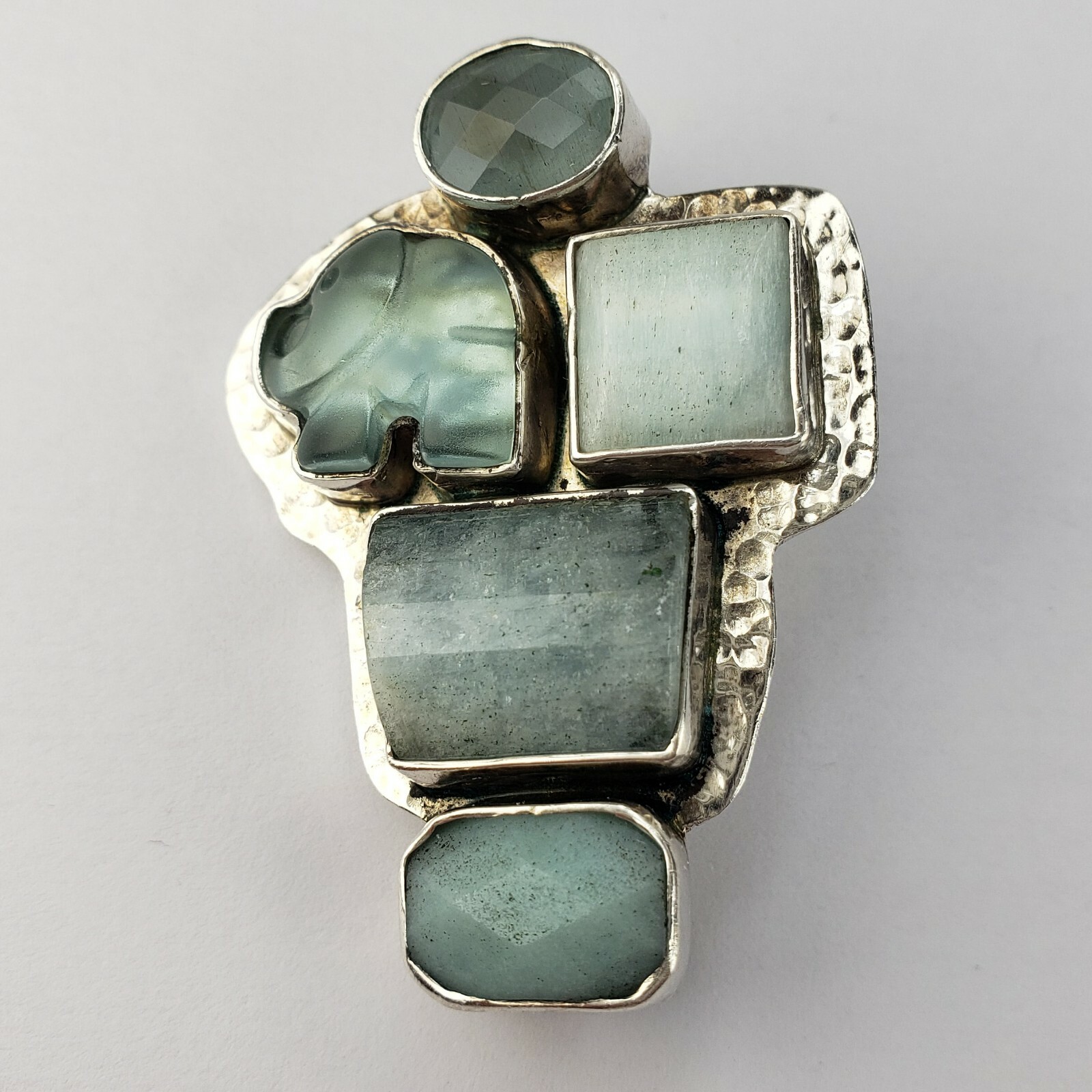 Amy Kahn Russell Sterling Silver AKR Handmade Carved Amazonite Pendant Brooch