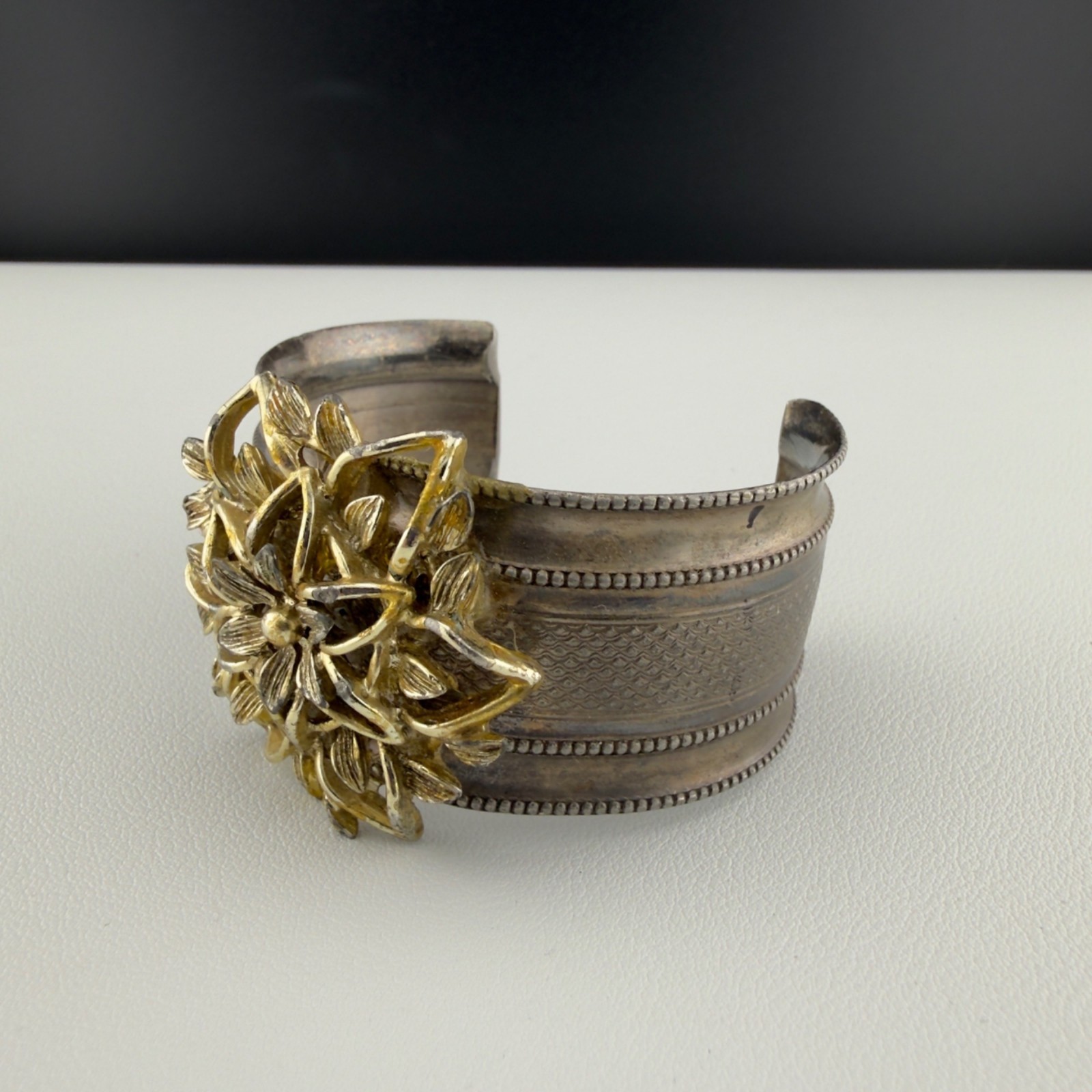 Vintage Cuff Statement Bracelet Aged Gold Tone Flower Silver Tone Patina Wide