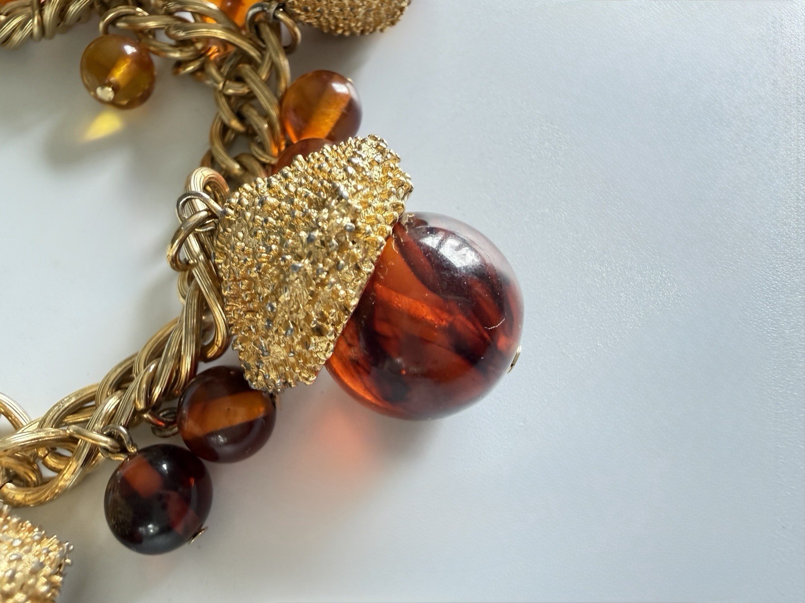 Vintage MCM Chunky Acorn Charm Bracelet Oversized Amber Glass Style Lucite Gold