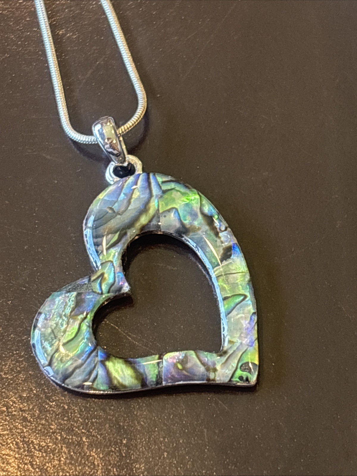 Sterling Silver Chain Abalone Shell Heart Pendant Necklace Paua 24”
