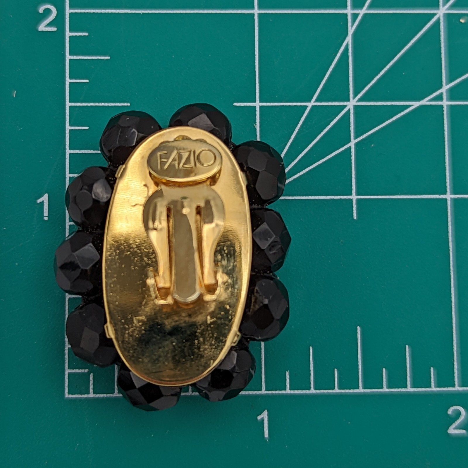Fazio Black Glass Rhinestone Bead Clip On Earrings 1990s Oval Gold Plated