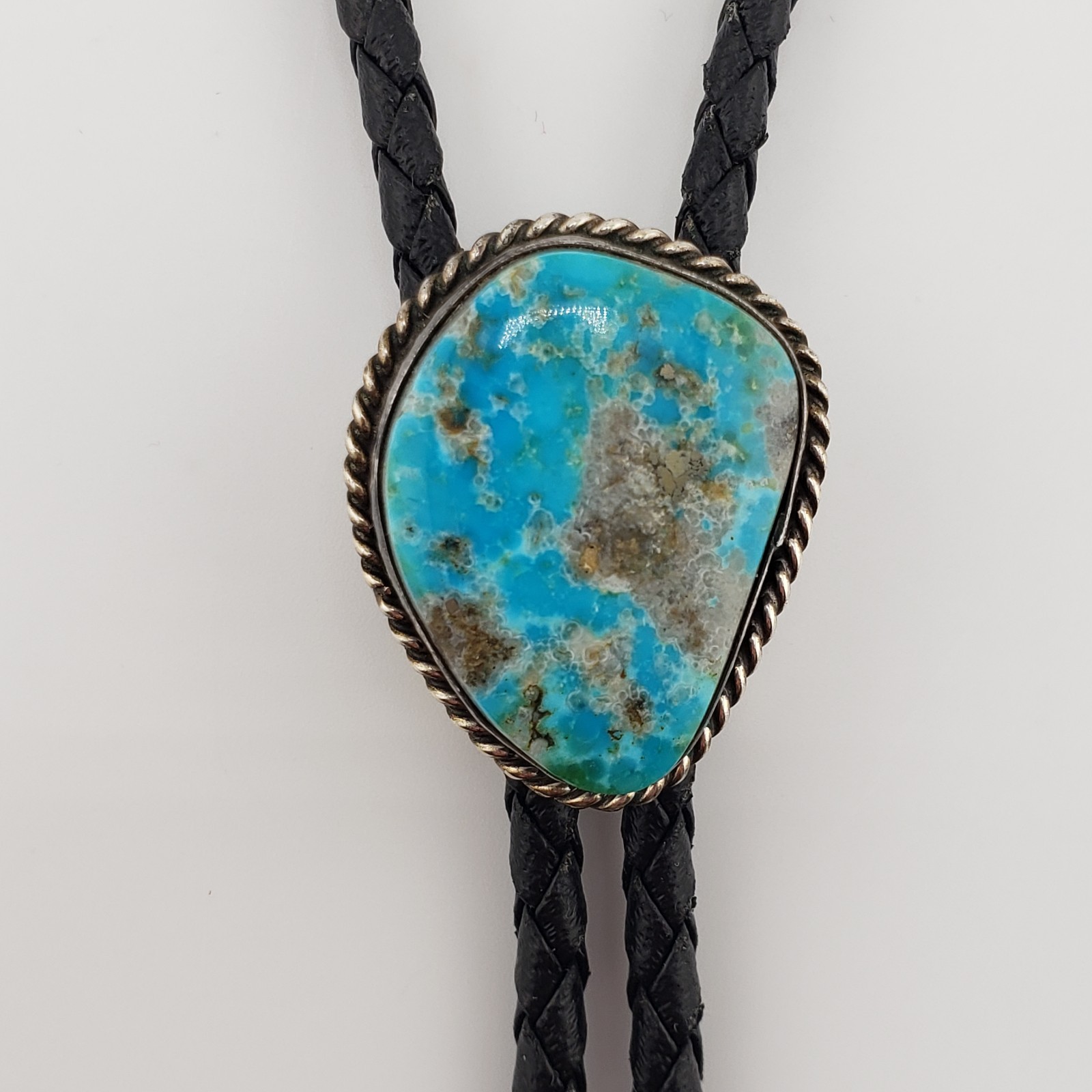 Vintage Turquoise Bolo Tie Sterling Silver Bezel Native American Signed S