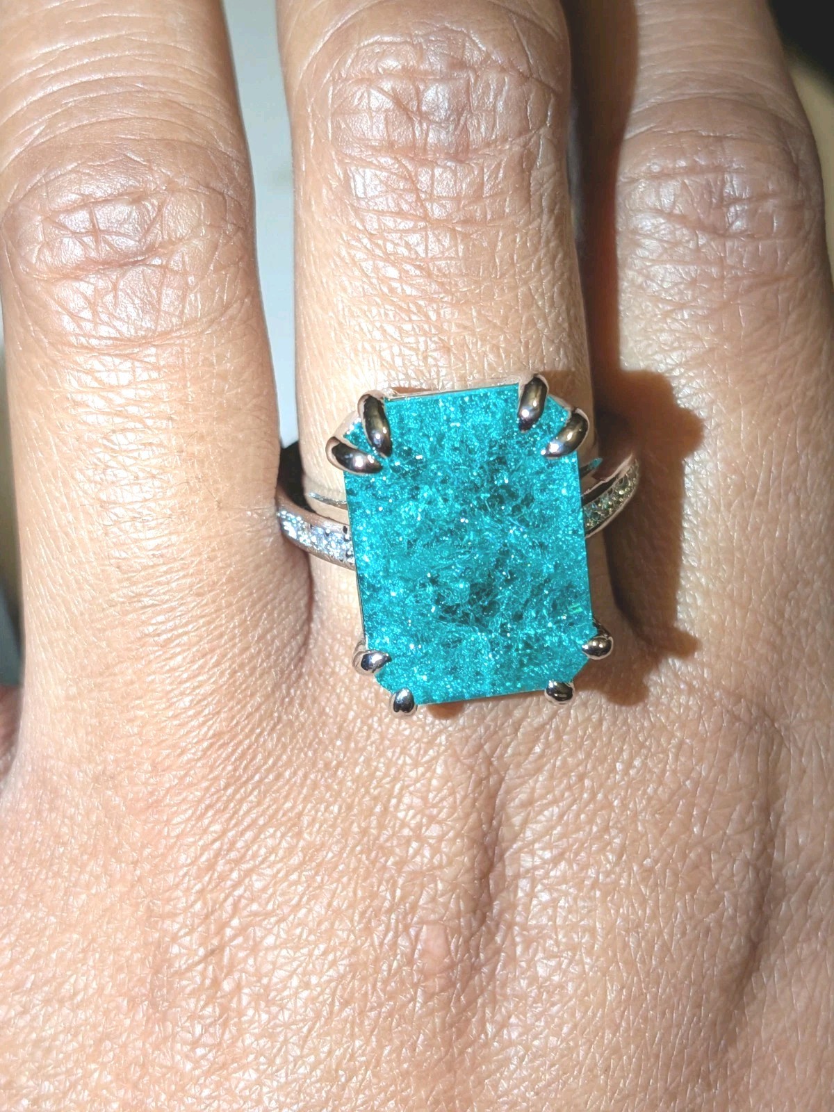Shiny 10 CT Emerald Cut Lab-Created Paraiba Tourmaline Ring 925 Sterling Silver