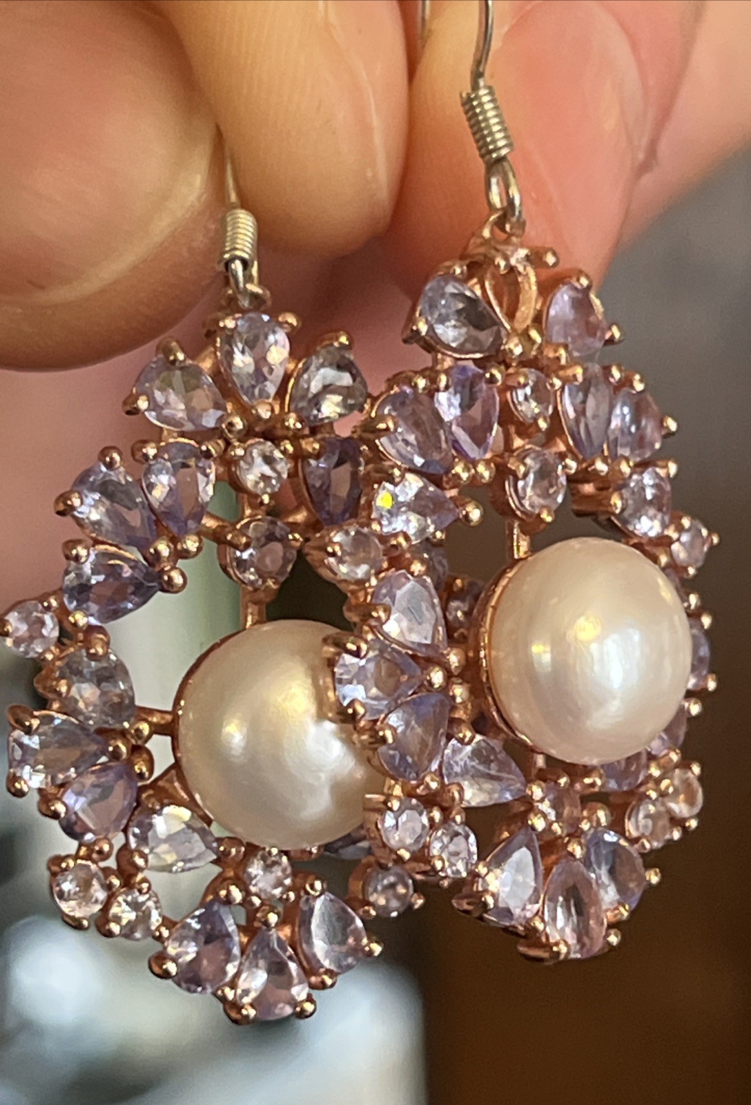 Vintage Tanzanite Real Pearl Dangle Drop Earrings 925 Wire Pierced 1.75” Classic