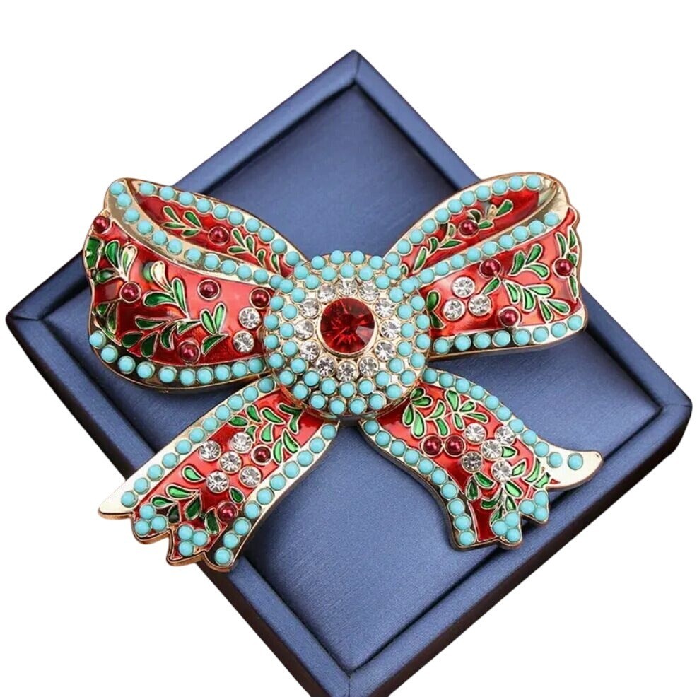 Bow Brooch Gold Tone Enamel Red Green & Turquoise