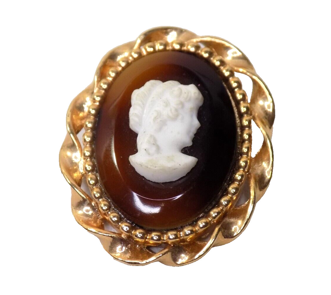 Vintage Emmons Cameo Brooch Gold-tone Brown White Victorian Lady 1-3/8″ Long