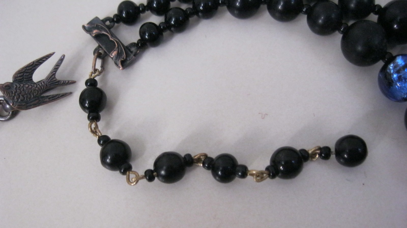 Josef Morton Blue, Black Art Glass Beads 2 Strands Necklace & Clip Earrings Set