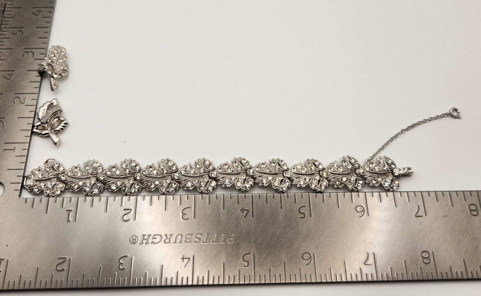 Vintage ORA Rhinestone Bracelet Clip Earrings Set Signed Silver Tone Bridal Glam