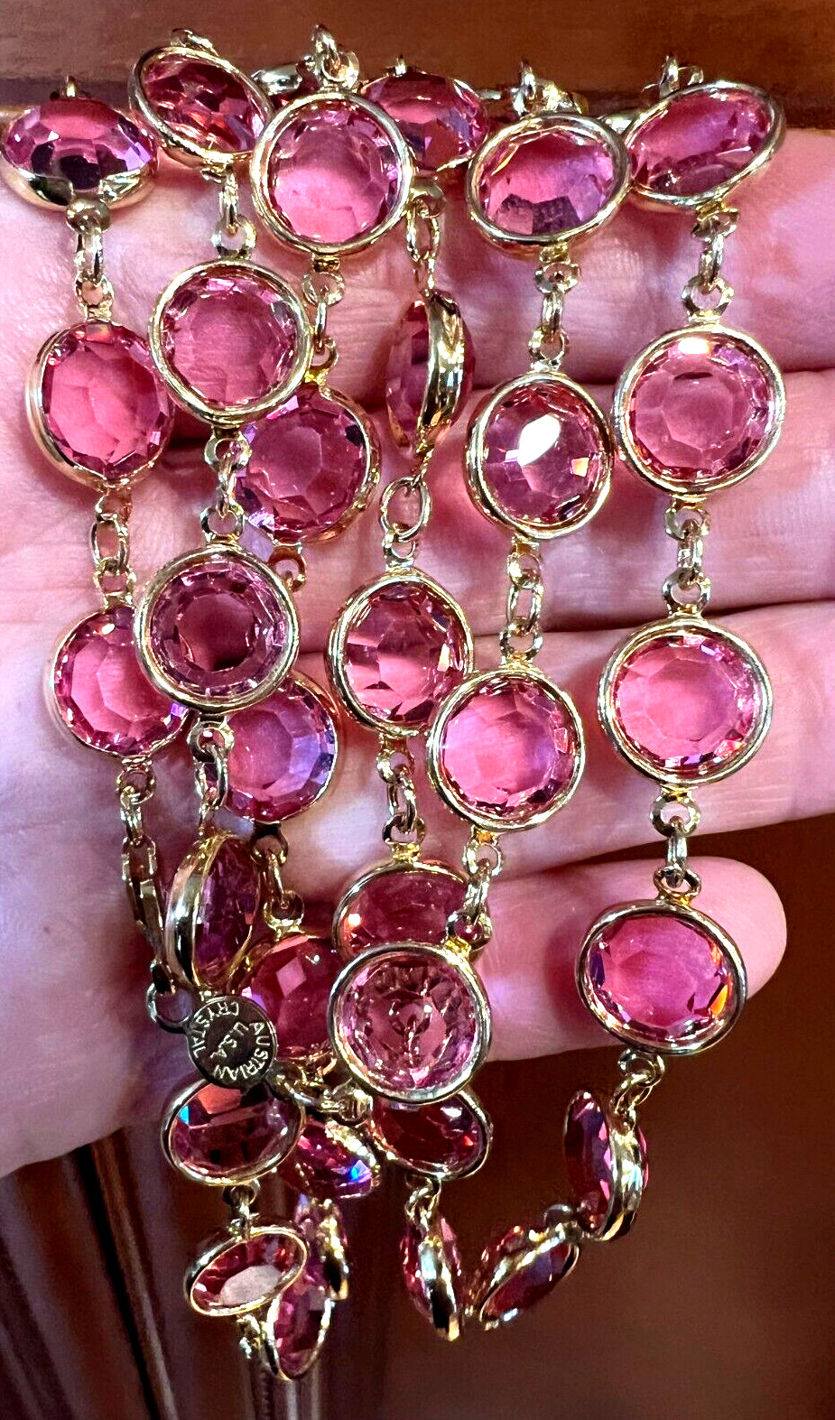 Vintage Pink AUSTRIAN Crystal USA Bezel Set 12 mm Crystals 36″ Long Necklace