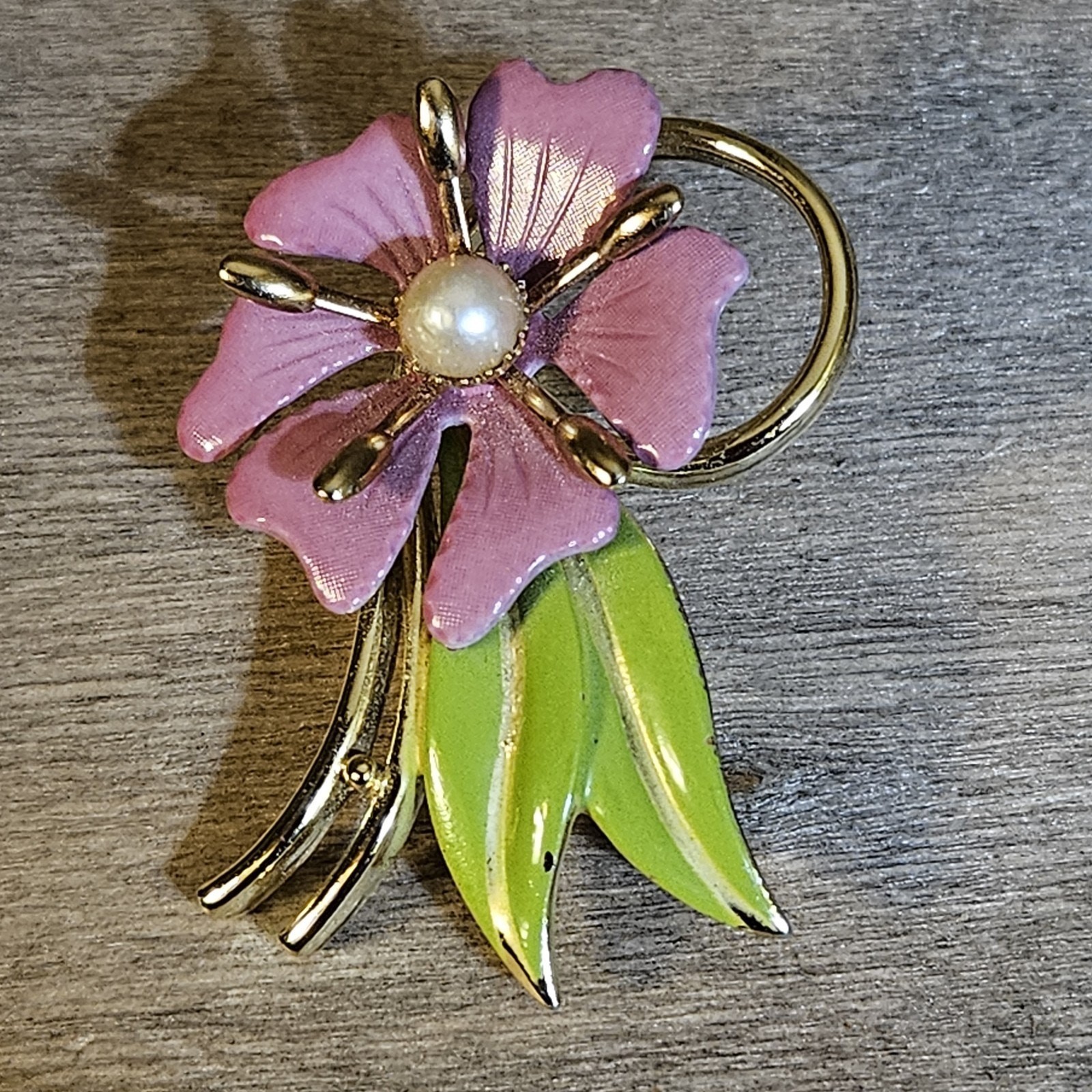Retro Pink and Green Flower Brooch, Pearl, Enameled